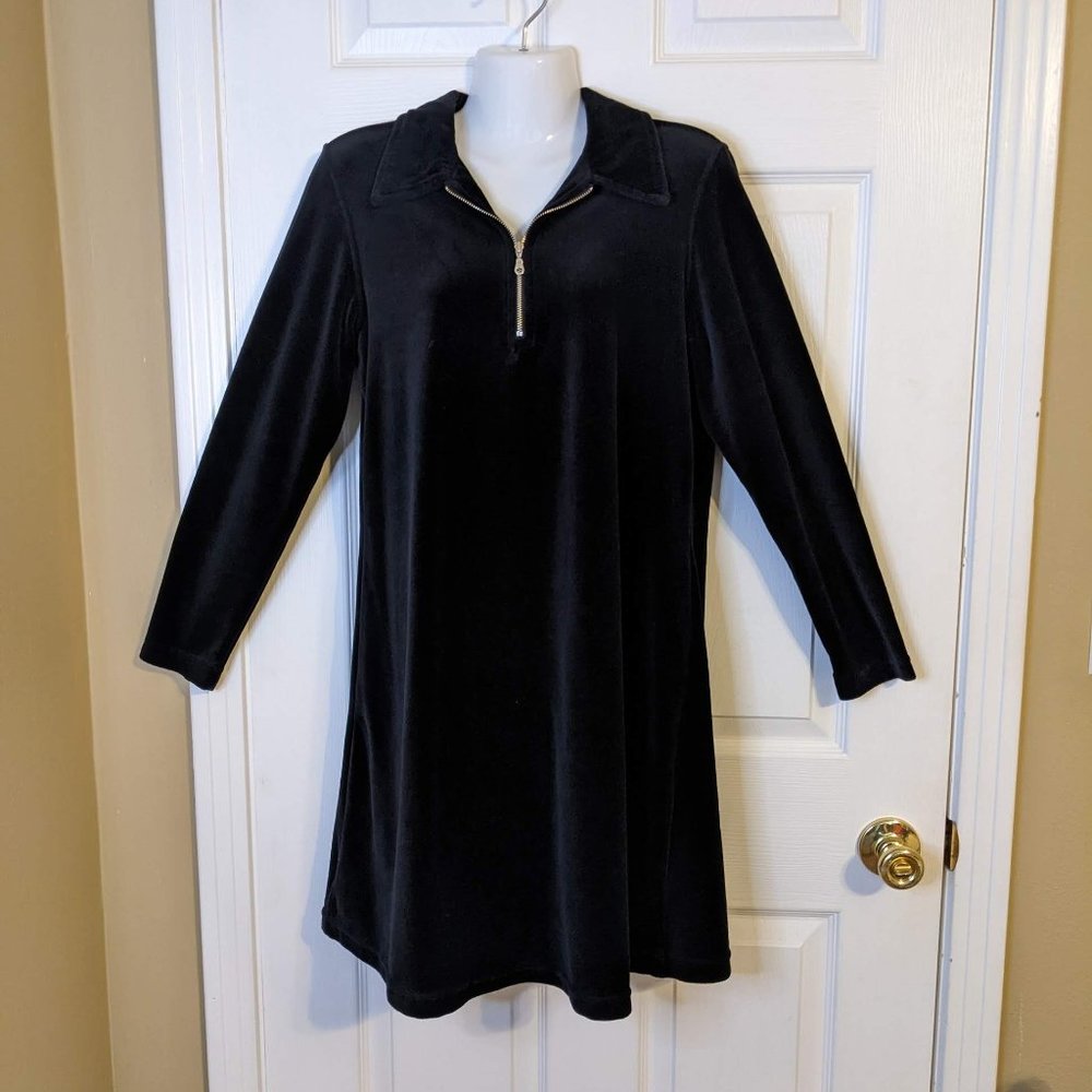 Eddie Bauer Black Velvet Zip Front Neckline Long Sleeve Midi Dress - size S